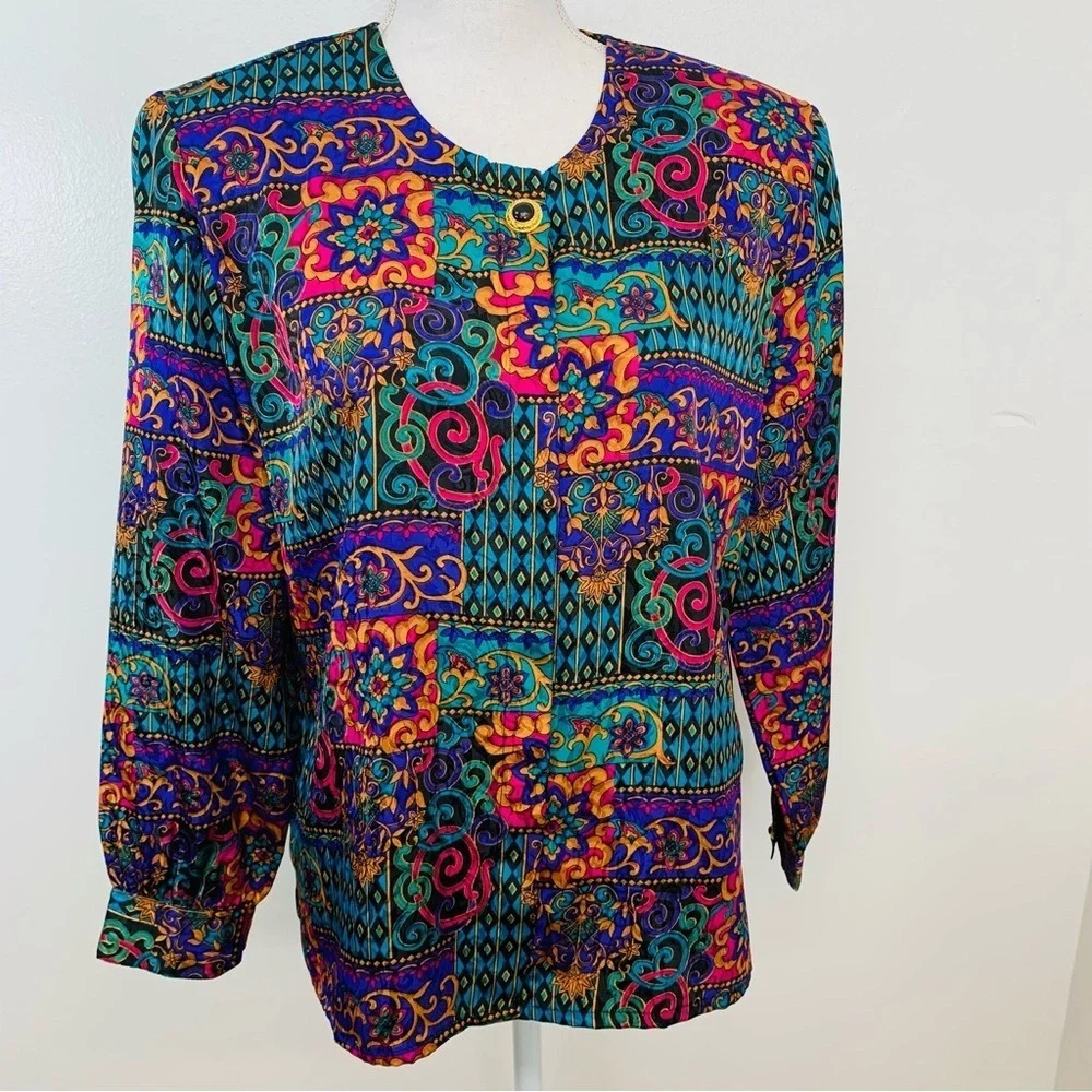 Allison Daley Blouse Top Petite Sz 10  Colorful Long‎ Sleeve Button Front Office